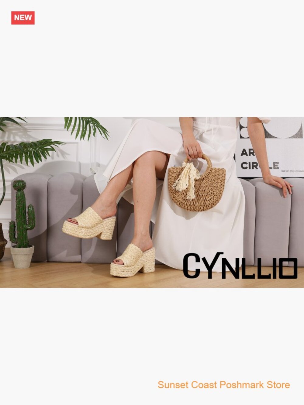 Platform Wedge Sandals Raffia Woven Slides Chunky Heel Open Toe - Picture 7 of 7
